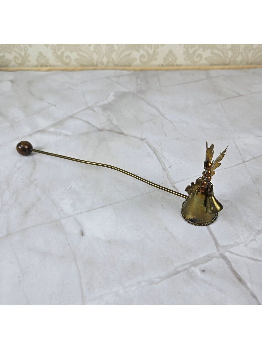 Vintage Brass & Copper Candle Snuffer Holly Leaves & Berries with Bell Christmas
